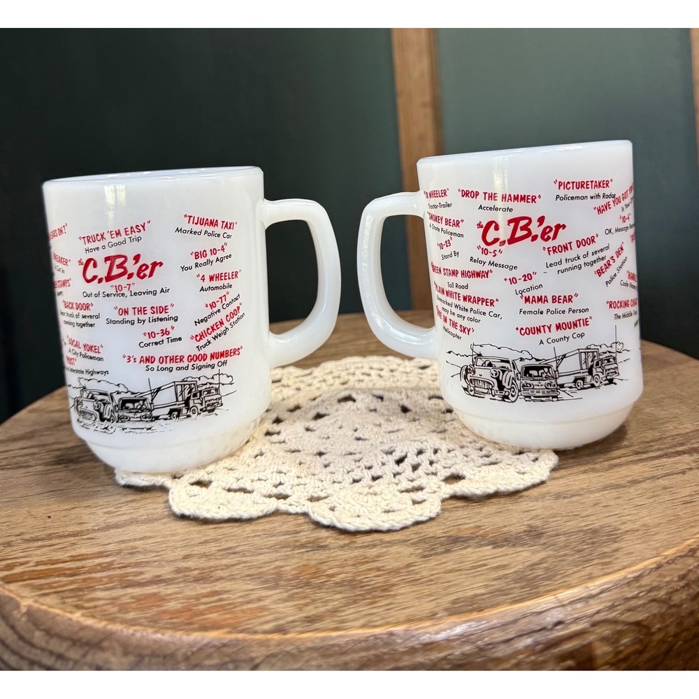 VTG Anchor Hocking Fire King CB'er Mug Set CB Radio Cup 70s TRUCKER Milk Glass